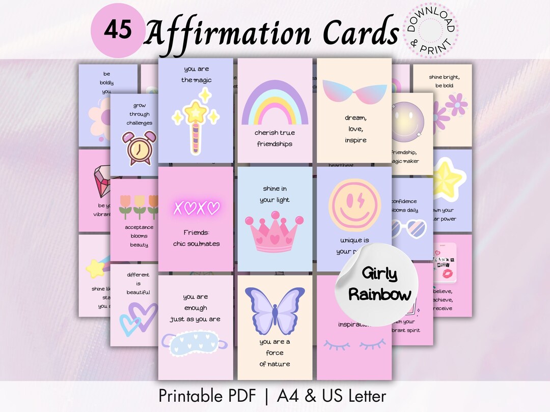 Quotes About Life Affirmation Cards Printable Rainbow Girly Teen ...