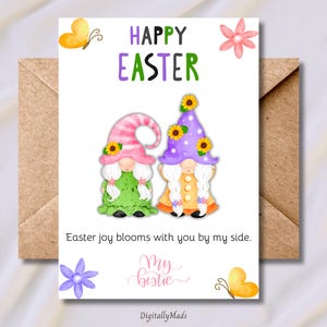 Biglietto di auguri pasquale con gnomo del migliore amico, biglietto speciale per amico con gnomi pasquali, biglietti di auguri pasquali con gnomi divertenti, regalo di primavera per la ragazza, PDF stampabile