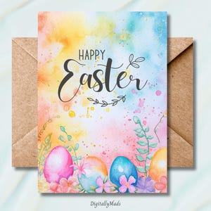 Tarjeta de Pascua, tarjeta imprimible de Feliz Pascua, búsqueda de huevos de Pascua, tarjeta de felicitación de acuarela con arcoíris de Pascua, regalo de postal de Pascua, PDF listo para imprimir