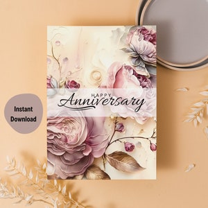 Vintage Happy Anniversary Card Floral Wedding Anniversary Card dla Pary Wydrukuj Romantyczną Kartkę Z Pozdrowieniami Karta Gratulacyjna Retro Kartka Urodzinowa