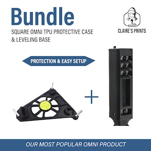 May include: A bundle featuring a black square Omni TPU protective case and a black triangular leveling base with a yellow circular bubble level. The text reads Bundle, SQUARE OMNI TPU PROTECTIVE CASE & LEVELING BASE, PROTECTION & EASY SETUP, CLAIRE'S PRINTS, and OUR MOST POPULAR OMNI PRODUCT.