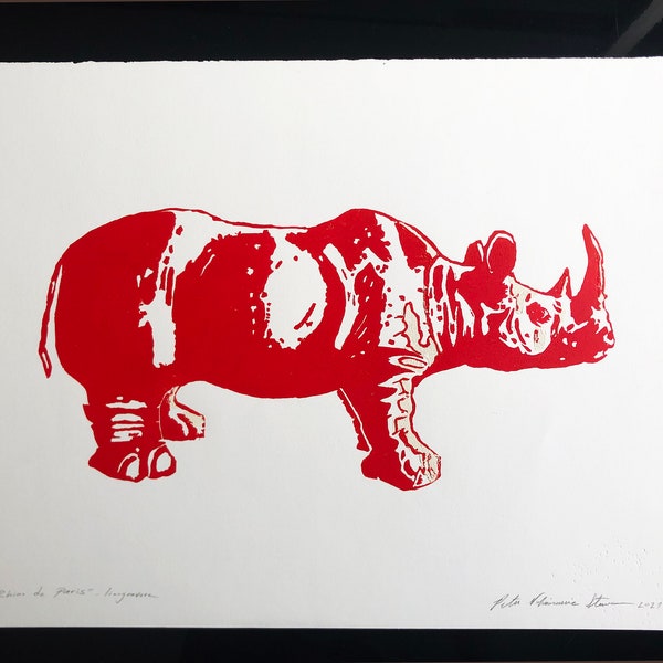 Peter Vukmirovic Stevens, fine art - Rhino de Paris - two-color linocut prints