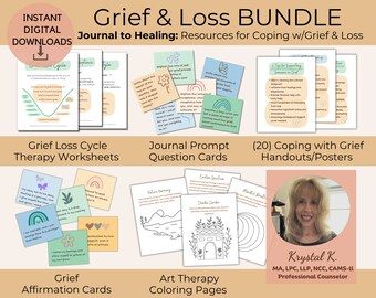 Grief and Loss Bundle, Therapy Worksheets, Journal Prompts, Affirmation Cards (Digital Download)
