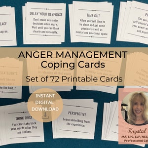 Anger Management Coping Skills Therapy Cards for Adults, Teens & Kids, Self Help Printable, Anger Issues, Mental Health