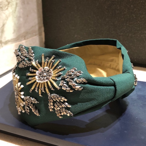 Unique Pretty Hand-sewn Beaded Sequin Embellished Artisanal Green Statement Headband