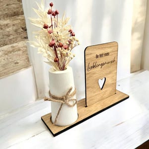 Regalo per gli amici Mamma, figlia, figlio, Regalo per la festa della mamma, Biglietto di fiori, vaso in legno, Amo, Biglietto di legno con fiori secchi e vaso
