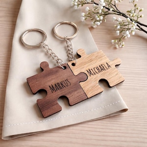 Può includere: Due portachiavi in legno a forma di puzzle. Uno è marrone scuro e l'altro marrone chiaro. Il portachiavi marrone scuro dice "MARKUS" e il portachiavi marrone chiaro dice "MICHAELA". Ogni portachiavi ha una catena e un anello argentati.