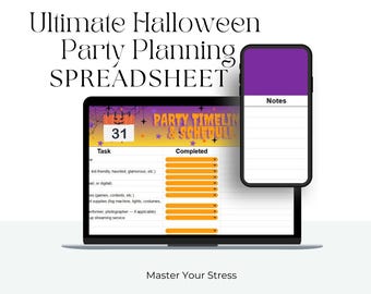 May include: A digital Halloween party planning spreadsheet displayed on a laptop and a smartphone. The laptop screen shows a schedule with tasks and a calendar date of 31. The smartphone displays a notes section. Text includes "Ultimate Halloween Party Planning Spreadsheet."