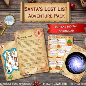 May include: A Christmas adventure pack with the text "Santa's Lost List Adventure Pack." The image features a map, instructions, and a swirling portal graphic. Ornaments, a compass, and a magnifying glass are arranged around the pack on a wooden surface.