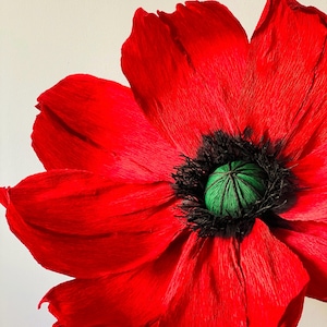 Amapola gigante de papel crepé estilo 2. Hermosa flor grande para decoración de eventos. Con tallo de 1,8 m. Fondo floral decorativo colorido.