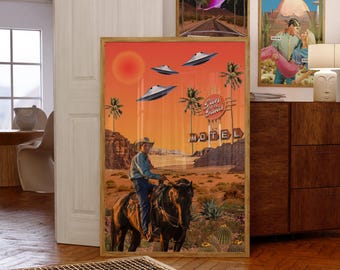 Retro Desert Wall Art Vintage Cosmic Space Cowboy Poster Print Western Retro Desert Art Futurism Digital Prints,Vintage Palm Springs,Cowboy