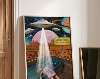 Retro Desert Wall Art Cosmic UFO Space Poster Print Western Retro 1950 Art Futurism Digital Prints Vintage Sci-fi Dystopian Desert Wall Art