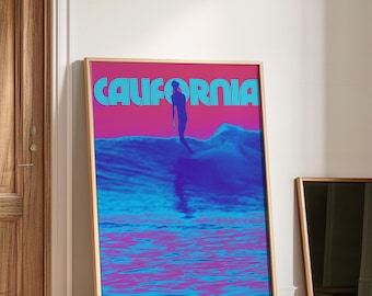 Kaliforniens surfposter, strandväggkonst, strandtryck, utskrivbara väggkonsttryck, kustdekor, havstryck, surfposter, stranddekor, västkusten