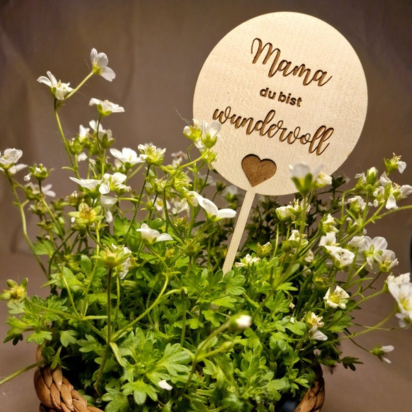Personalisiertes Blumenstecker für Mama aus Holz | Handgefertigt | Verschiedene Motive | Geschenk für Muttertag, Mama, Geburtstage