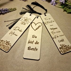 Personalisiertes Holz Lesezeichen mit schwarzer Quaste für Mama Handgefertigt Verschiedene Motive Geschenk für Muttertag, Mama Bild 5