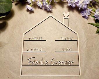 Personalisiertes Türschild mit Familiennamen aus Holz | Haus mit Schornstein Herz | Familienschild | Eingang | Haustür | zu Hause | Familie