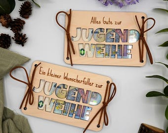 Jugendweihe Geldgeschenk aus Holz, hochwertig gravierter Wunscherfüller, kreatives Geschenk Jugendweihe, Geldgeschenk Holz, Geld verschenken