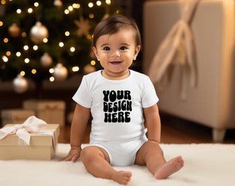 Christmas Kids White Babygrow Mockup Gender Neutral Shirt Mock-up Baby Grow Mock Up Stock Photo Toddler Tee Boys Girls Top JPG Download
