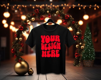 Christmas Black Tshirt Mockup Gender Neutral T-Shirt Mock-up Stock Photo Tee Boys Girls Top JPG Download