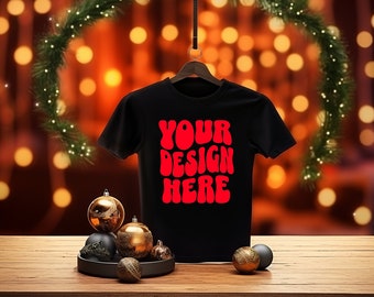 Christmas Black Tshirt Mockup Gender Neutral T-Shirt Mock-up Stock Photo Tee Boys Girls Top JPG Download