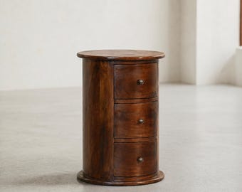 Circular nightstand with drawers, modern round bedside table, dark wood side table