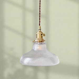 Könnte beinhalten: Transparente Glas-Pendelleuchte mit geripptem Schirm und messingfarbener Hardware. Das Licht hängt an einem braunen, gedrehten Kabel. Die Leuchte hängt vor einer hellgrünen Wand. Das Logo "ev" befindet sich unten.