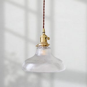 Könnte beinhalten: Transparente Glas-Pendelleuchte mit geripptem Schirm und messingfarbener Hardware. Das Licht hängt an einem braunen, gedrehten Kabel. Der Text "ev LIGHTING" ist unten zu sehen.