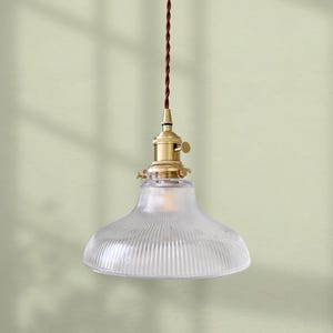 Könnte beinhalten: Transparente Glas-Pendelleuchte mit geripptem Schirm und messingfarbener Hardware. Das Licht hängt an einem braunen, gedrehten Kabel. Die Leuchte hängt vor einer hellgrünen Wand. Das Logo "ev" befindet sich unten.