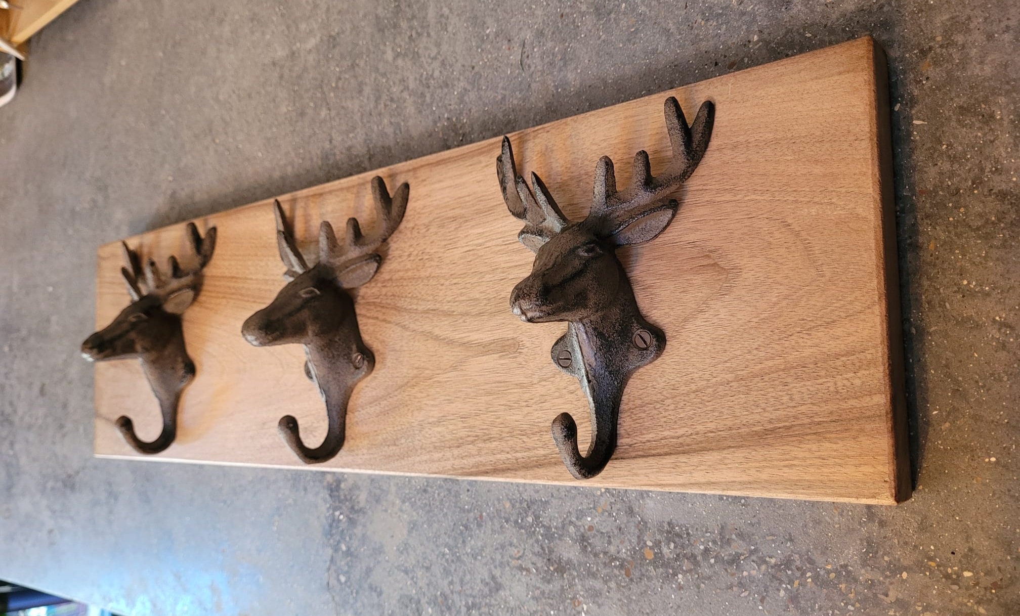 3 Cast Iron Stag Heads on an English Walnut Board, Coat Hooks, Wall