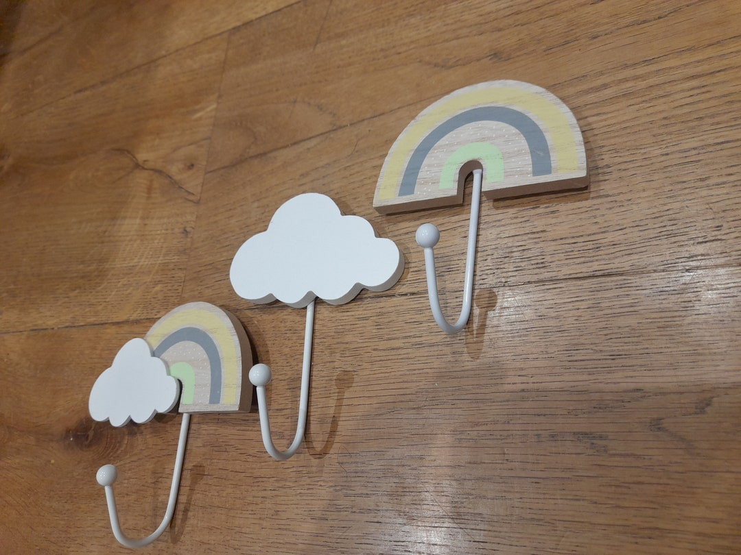 3 Pastle Colour Coat Hooks, Rainbow & Cloud Design, Childs Nursery ...