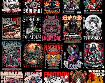 Pode incluir: Uma coleção de 16 designs gráficos coloridos com temas japoneses, incluindo samurais, dragões, ninjas e gatos da sorte. Os designs são sobre um fundo preto e apresentam uma tipografia ousada e detalhes intrincados.