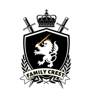 Shield with lion, crown, and swords, CANVA, Family crest logo. Coat of arms canva