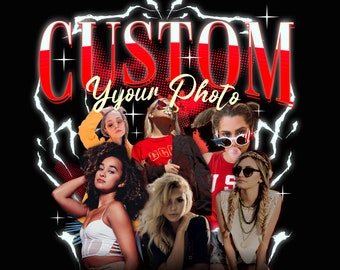 Może przedstawiać: Projekt graficzny z tekstem "CUSTOM Your Photo" w kolorze czerwonym i białym na tle w kropki. Projekt zawiera pięć kobiet w okularach przeciwsłonecznych i różnym ubraniu.