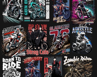 Ultimat paket med motorcykel-T-shirtdesigner: 100 retro motorcykel- och motocross-streetweardesigner (PNG)