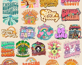 Retro Sublimation Design Bundle: Boho, Hippie, Vintage, Groovy, Good Vibes, Retro Flowers,