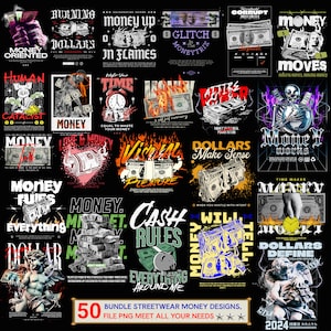 Puede incluir: Una colección de 50 diseños de ropa urbana con dinero, efectivo y billetes de dólar. Los diseños están en una variedad de estilos, incluyendo dibujos animados, gráficos y realistas. Los diseños son perfectos para camisetas, sudaderas con capucha y otras prendas.