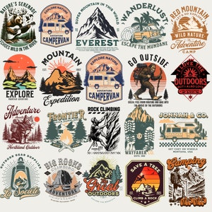 Puede incluir: Una colección de logotipos y emblemas de estilo vintage con temática de aventura al aire libre. Los logotipos presentan montañas, árboles, fogatas y otras imágenes inspiradas en la naturaleza. Algunos de los logotipos incluyen texto como "Explorar la naturaleza", "Autocaravana de aventura", "Escalada" y "Sal a la naturaleza".