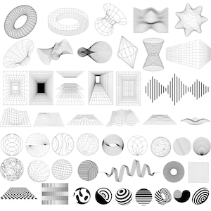 Puede incluir: Una colección de 40 formas geométricas en blanco y negro, que incluyen círculos, cuadrados, rectángulos y formas 3D. Las formas se representan en un estilo de alambre, creando una sensación de profundidad y dimensión.