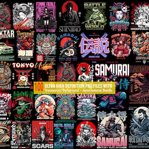 以下が含まれることがあります： 日本の侍、アニメキャラクター、伝統的な日本のイメージをフィーチャーした100のデジタルイラストのセット。イラストは、漫画、リアル、抽象など、さまざまなスタイルで描かれています。イラストはすべて透明な背景です。
