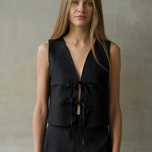 Black Linen vest for women/ Linen Top front ties/ Vest for Women/ Linen Vest with front-tie/ Relaxed fit linen vest/  Linen Clothing Women