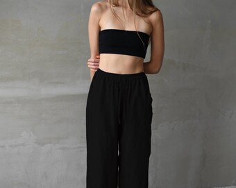 thumbnail image 2 of Women's Linen Palazzo Pants - High Waist Wide Leg Beach Trousers With Pockets & Drawstring 2 of 14