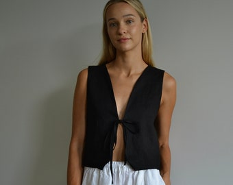 Linen Vest Top with Front Ties, Handmade OEKO-TEX Linen