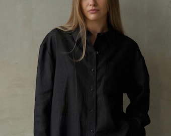 Oversized Black Linen Shirt, Long Sleeve Button-Down, European Linen