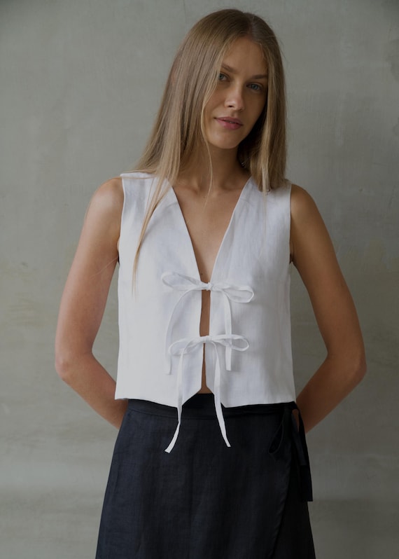 White Tie-front Linen Top/ Linen Summer Vest/ Loose Linen