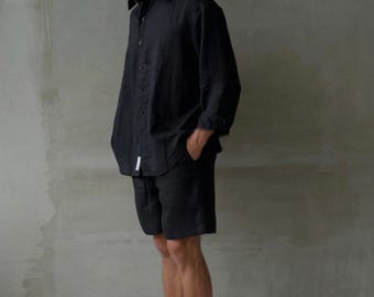 Oversized Linen Shirt for Men, Long Sleeve Button-Down Loungewear
