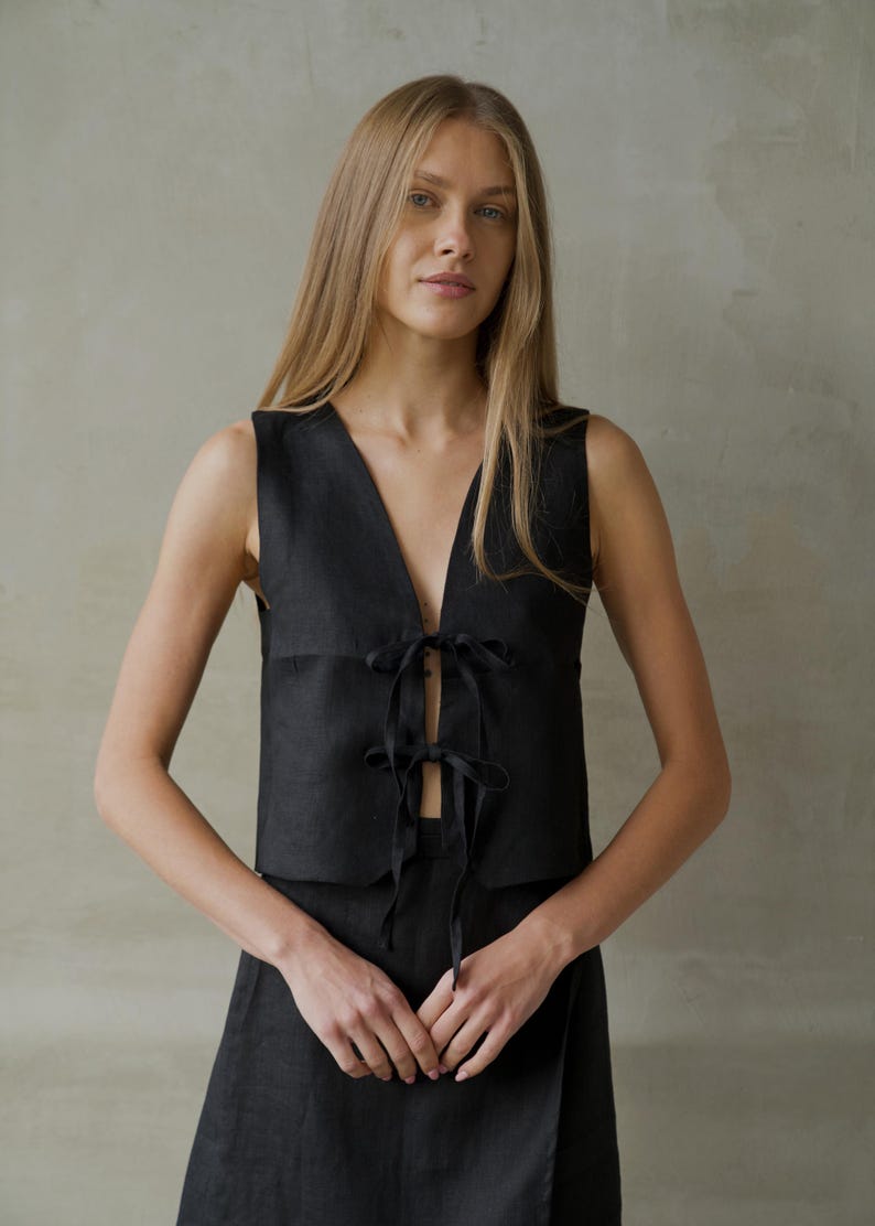 Linen V-Neck Sleeveless Tie-Front Vest main image 0