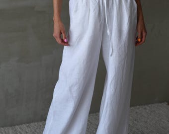 LOVESHOOT Womens Linen Pants With Pockets High Waist Comfy White Summer Pants Lightweight Loose Trousers