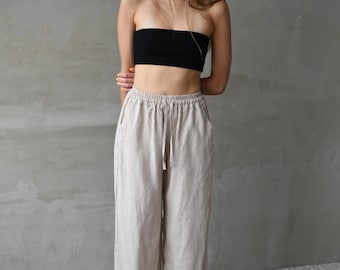 Pantaloni in lino a gamba larga: pantaloni palazzo a vita alta, vestibilità alta