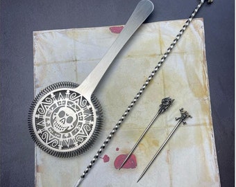Pirates Crew Cocktail Set | Hawthorne Strainer, Spoon and 2 Skewers | Handmade Stainless Steel Unique Accessories for Bartending | Skewer