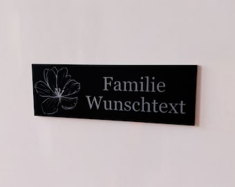 Plaque de porte, plaque signalétique, plaque de boîte aux lettres, plaque de sonnette, porte d'entrée, acrylique, plastique, autocollant, gravure, fleur personnalisée, noir et argent